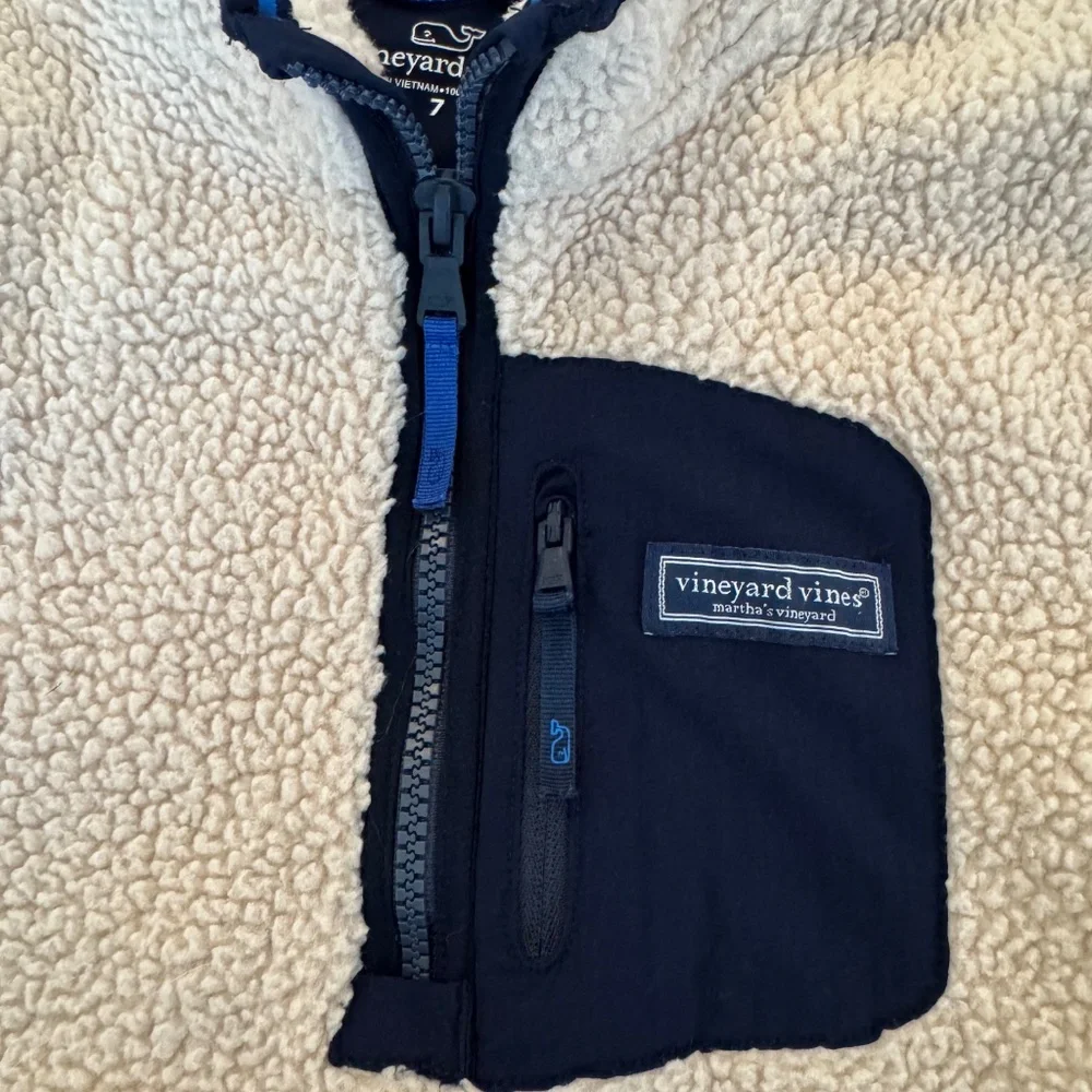 Vineyard Vines Stillwater Sherpa 1/4 Quarter Zip Cream Navy Boys Size 7 4‎
